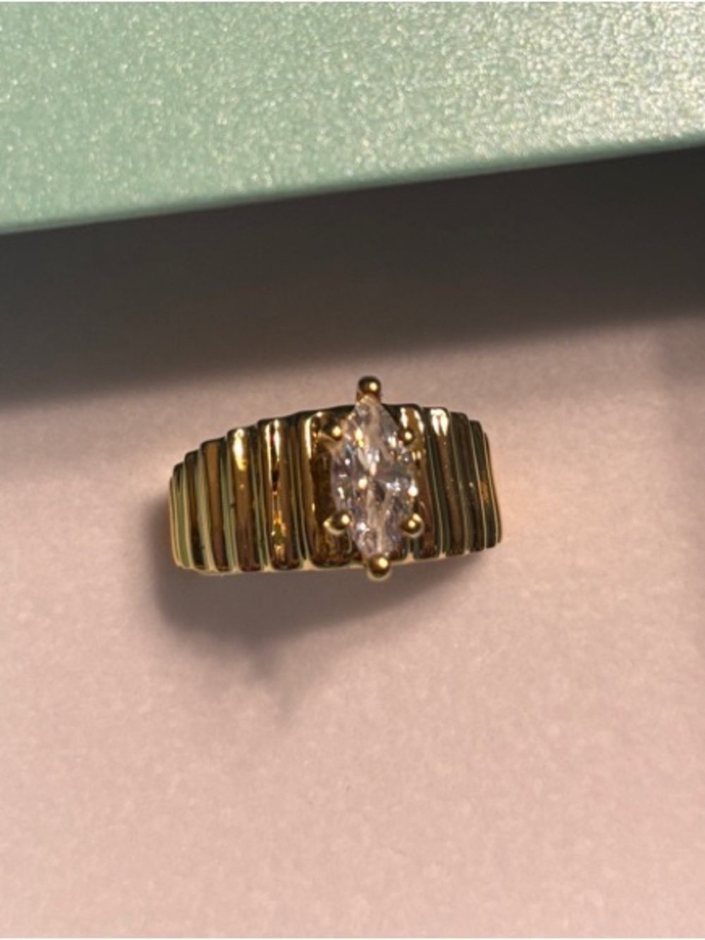 Park Lane Gold-Tone Ribbed Band Ring with Clear Marquise CZ size 8